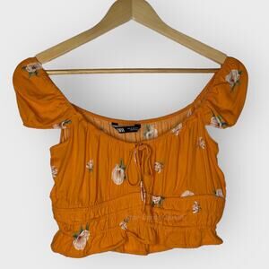 Zara Floral Print Crop Top | Small | Orange Tie Front Puff Sleeve Keyhole Neck